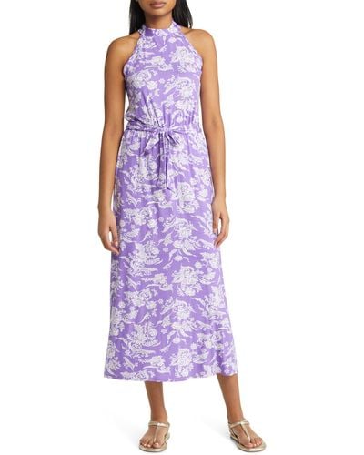 Loveappella Floral Tie Waist Halter Knit Maxi Dress - Purple