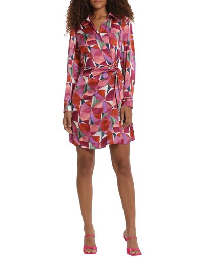 DONNA MORGAN FOR MAGGY Geo Print Long Sleeve Wrap Shirtdress - Red