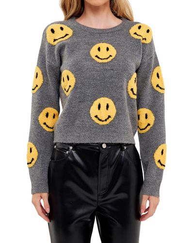 Grey Lab Chenille Smiley Face Sweater - Black