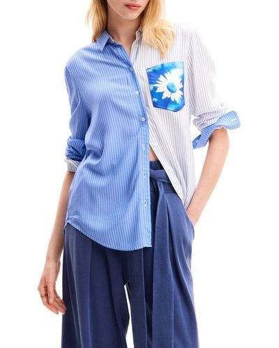 Desigual Cam Flower Pocket Stripe Button-up Shirt - Blue