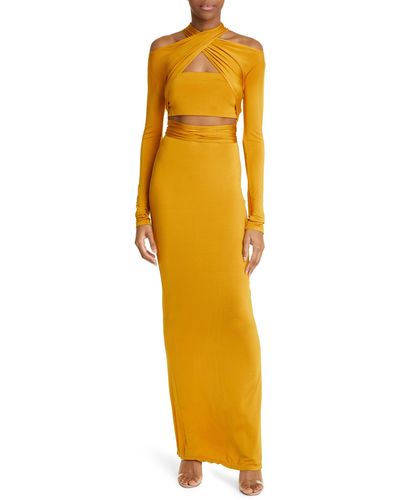 LAPOINTE Wrap Bodice Long Sleeve Jersey Maxi Dress - Yellow