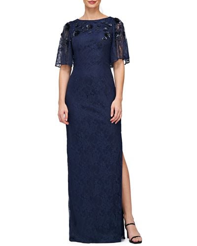 JS Collections Kalani Embellished Lace Gown - Blue