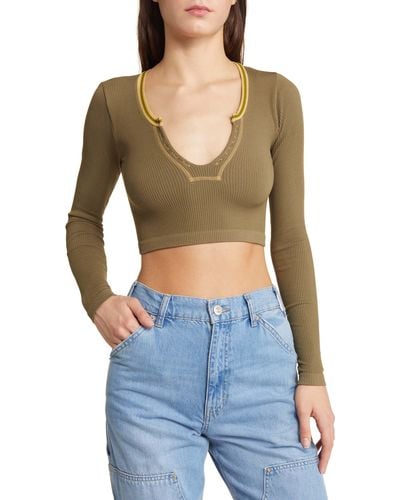 BDG Going For Gold Long Sleeve Rib Crop Top - Green