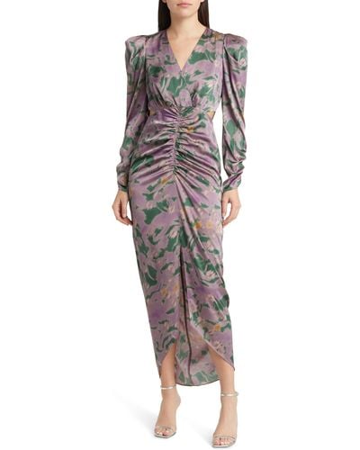 FLORET STUDIOS Cutout Ruched Long Sleeve Satin Dress - Multicolor