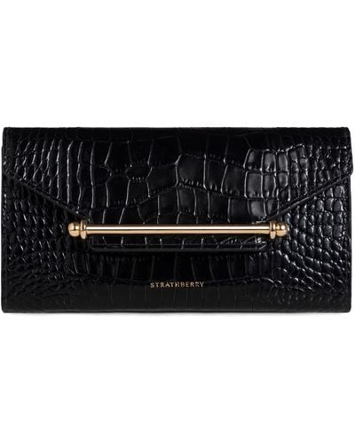 Strathberry Multrees Croc Embossed Leather Wallet On A Chain - Black