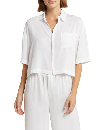 Barefoot Dreams Dream Washed Satin Button-up Pajama Shirt - White