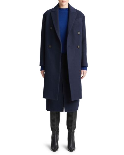Vince Double Breasted Brushed Wool Blend Coat - Blue