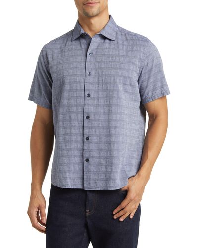 Robert Barakett Tenor Stripe Short Sleeve Cotton & Linen Button-up Shirt - Blue