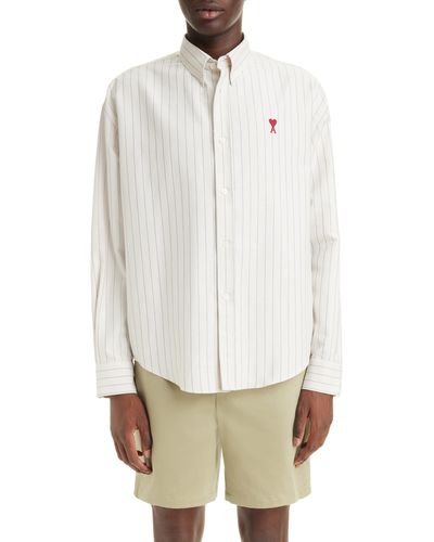 Ami Paris Ami De Coeur Boxy Fit Stripe Cotton Oxford Button-down Shirt - White