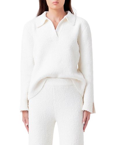 Endless Rose Textured Fuzzy Collared Sweater - White