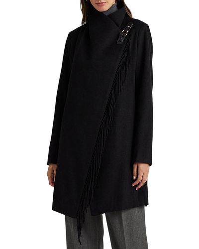 Lauren by Ralph Lauren Fringe Drape Wool Blend Coat - Black