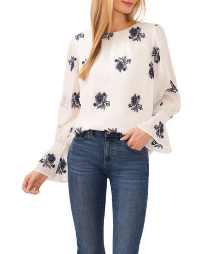Cece Floral Embroidered Ruffle Cuff Georgette Top - Blue