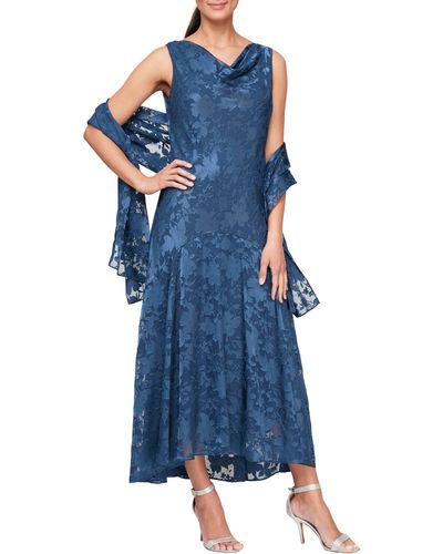 Alex Evenings Floral Burnout Fil Coupé Dress With Shawl - Blue