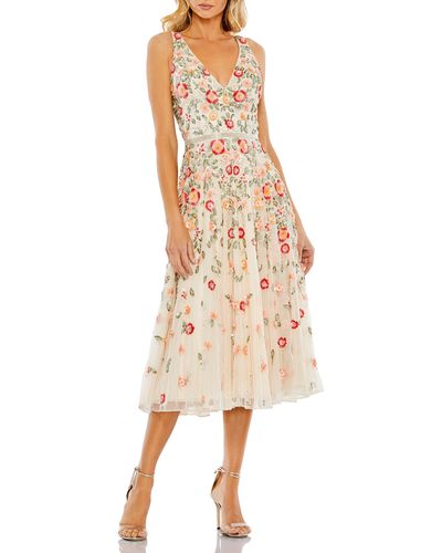 Mac Duggal Beaded Floral A-line Cocktail Dress - Natural