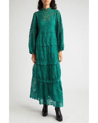 FARM Rio Long Sleeve Guipure Lace Maxi Dress - Green