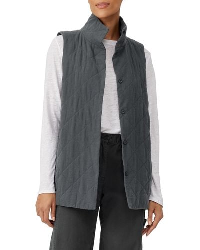 Eileen Fisher Stand Collar Quilted Longline Vest - Gray