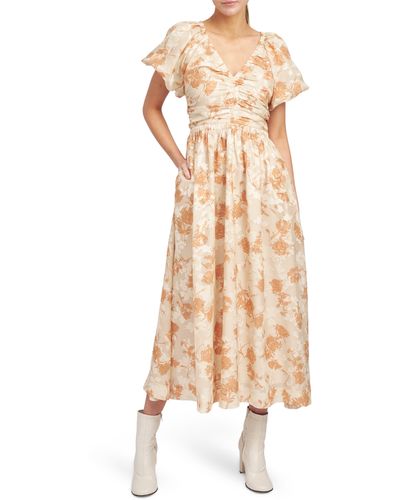 En Saison Florence Ruched Floral Midi A-line Dress - Natural