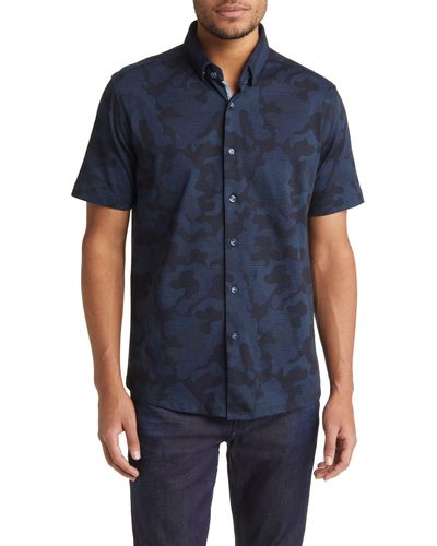 Stone Rose Dry Touch® Performance Camouflage Short Sleeve Button-up Shirt - Blue