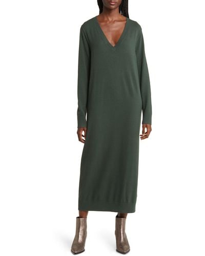 Treasure & Bond Long Sleeve V-neck Midi Sweater Dress - Green