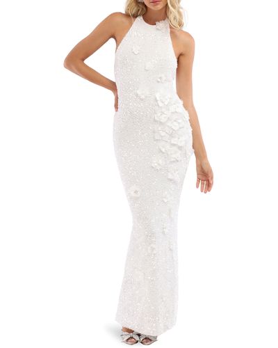 HELSI Brice Sequin & Floral Appliqué Stretch Velvet Column Gown - White