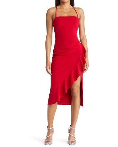 l`n`l Square Neck Side Ruffle Midi Dress - Red