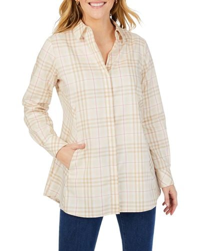 Foxcroft Cici Plaid Cotton Button-up Tunic Shirt - Natural