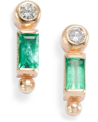Anzie Clo Emerald Baguette & Diamond Stud Earrings - Green