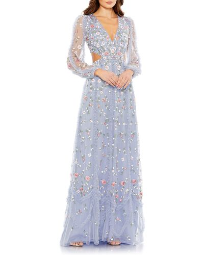 Mac Duggal Embroidered Long Illusion Sleeve Sheath Gown - Blue
