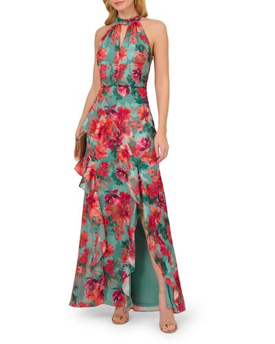 Adrianna Papell Print Ruffle Halter Gown - Red