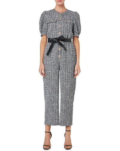 English Factory Tweed Puff Sleeve Ankle Jumpsuit - Gray