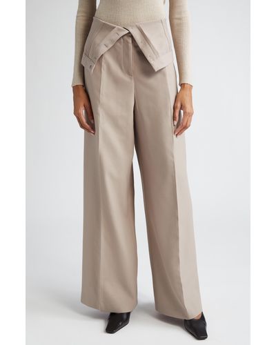 Acne Studios Foldover Waist Pleated Recycled Polyester & Wool Wide Leg Pants - Natural