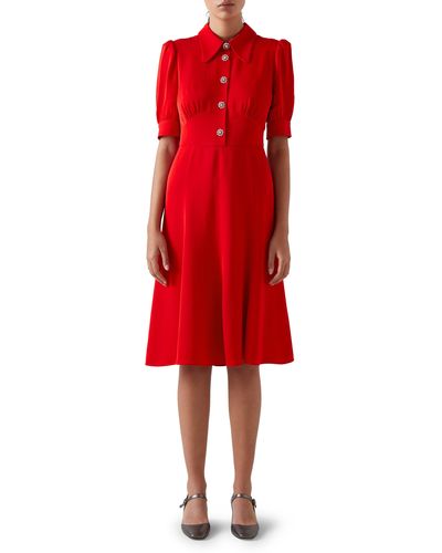 LK Bennett Esme Button Front Tea Length Crepe Dress - Red
