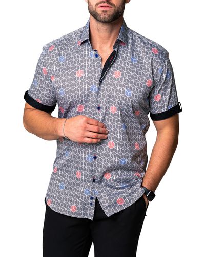 Maceoo Galileo Geocolor Regular Fit Short Sleeve Button-up Shirt - Gray