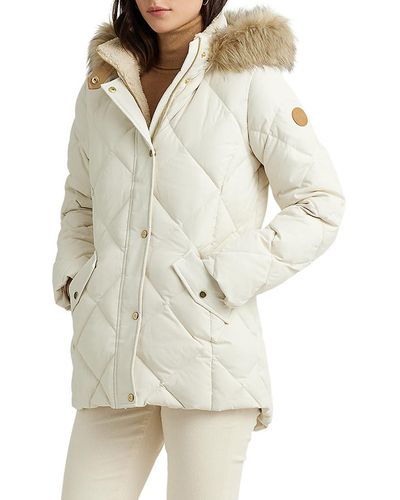 Lauren by Ralph Lauren Diamond Faux Fur Trim Quilted Down & Feather Fill Hooded Puffer Coat - Natural