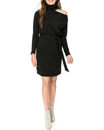 Gibsonlook Mock Neck Cold Shoulder Long Sleeve Sweater Dress - Black