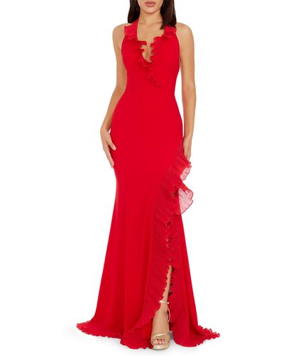 Dress the Population Kathleen Ruffle Halter Gown With Train - Red