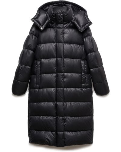 Mango Quilted Hooded Longline Down Puffer Jacket - Black