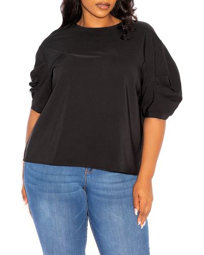 Buxom Couture Ruched Puff Sleeve Blouse - Black