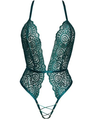 ROMA CONFIDENTIAL Plunge Lace Open Gusset Teddy - Green