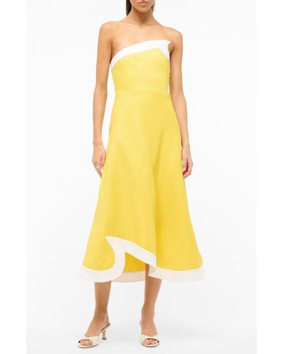 STAUD Contrast Detail Strapless Linen Dress - Yellow