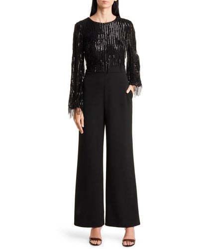 Eliza J Sequin Fringe Long Sleeve Jumpsuit - Black