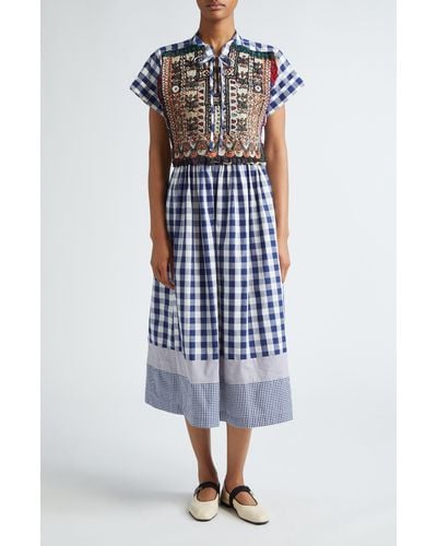 Tao Comme Des Garçons Gingham Cotton Midi Dress With Hand Embroidered Overlay - White