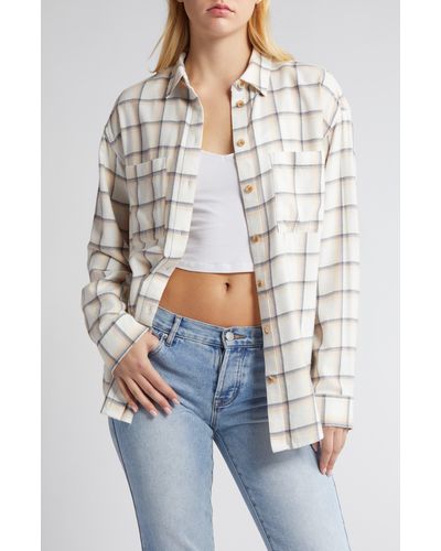 BP. Plaid Oversize Cotton Flannel Button-up Shirt - White