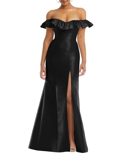 Alfred Sung Off The Shoulder Ruffle Satin Trumpet Gown - Black