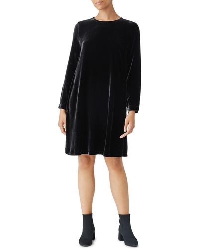 Eileen Fisher Long Sleeve Velvet Shift Dress - Black