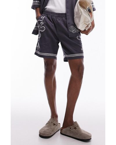 TOPMAN Embroidered Cotton & Linen Shorts - Blue
