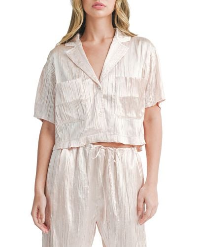 All In Favor Textured Satin Crop Button-up Shirt In At Nordstrom, Size Large - White
