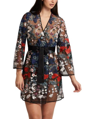Rya Collection Georgia Floral Embroidered Tie Waist Cover-up Robe - Black