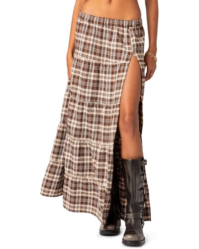 Edikted Plaid Tiered Side Slit Maxi Skirt - Brown