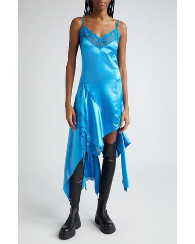 Monse Lace Trim Asymmetric Silk Satin Midi Dress - Blue